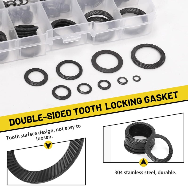 Mardatt 160Pcs M3 M4 M5 M6 M8 M10 M12 M14 M16 Double Side Wedge Locking Washer, Manganese Steel Conical Knurled Spring Washer, Vibration Resistant Safety Washers for Bolts - Image 3
